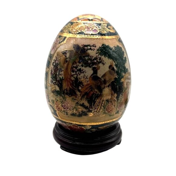Vintage Satsuma Hand Painted Porcelain Egg Peacock & Floral Gilded 5" - Picture 4 of 7